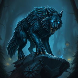 A fearsome Dungeons and Dragons-style wolf, depicted as a massive creature with glowing blue eyes and sharp fangs