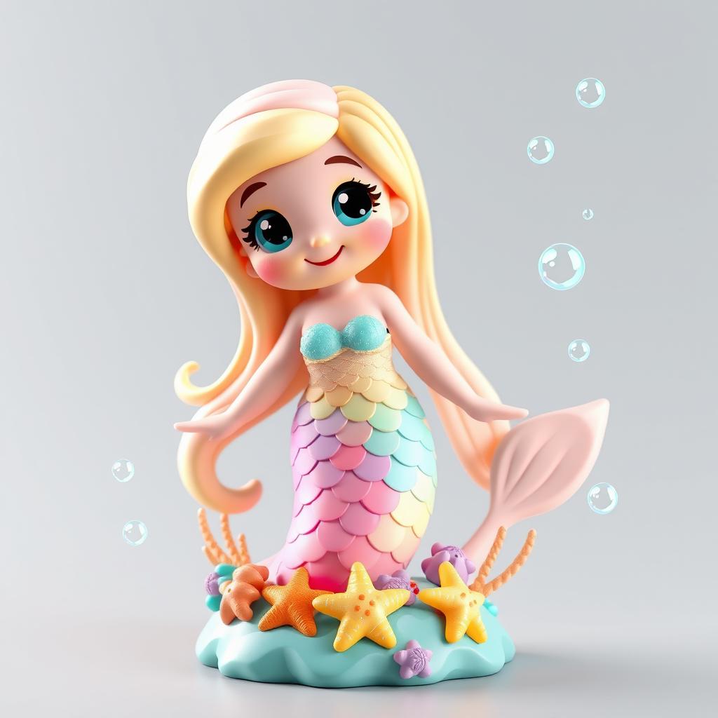 A pixelated statue of a friendly and whimsical mermaid for a children's game, featuring a cute and playful design