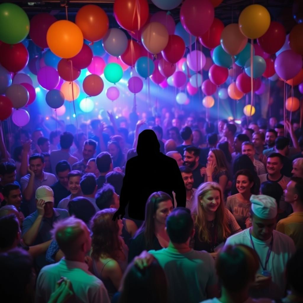 A lively party scene as a book cover, filled with vibrant balloons and colorful lights illuminating the atmosphere