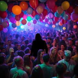 A lively party scene as a book cover, filled with vibrant balloons and colorful lights illuminating the atmosphere