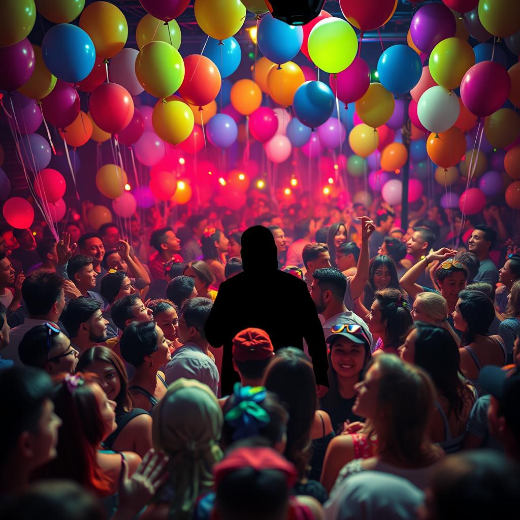 A lively party scene as a book cover, filled with vibrant balloons and colorful lights illuminating the atmosphere