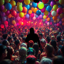 A lively party scene as a book cover, filled with vibrant balloons and colorful lights illuminating the atmosphere