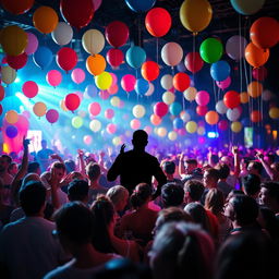 A lively party scene as a book cover, filled with vibrant balloons and colorful lights illuminating the atmosphere