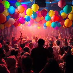 A lively party scene as a book cover, filled with vibrant balloons and colorful lights illuminating the atmosphere