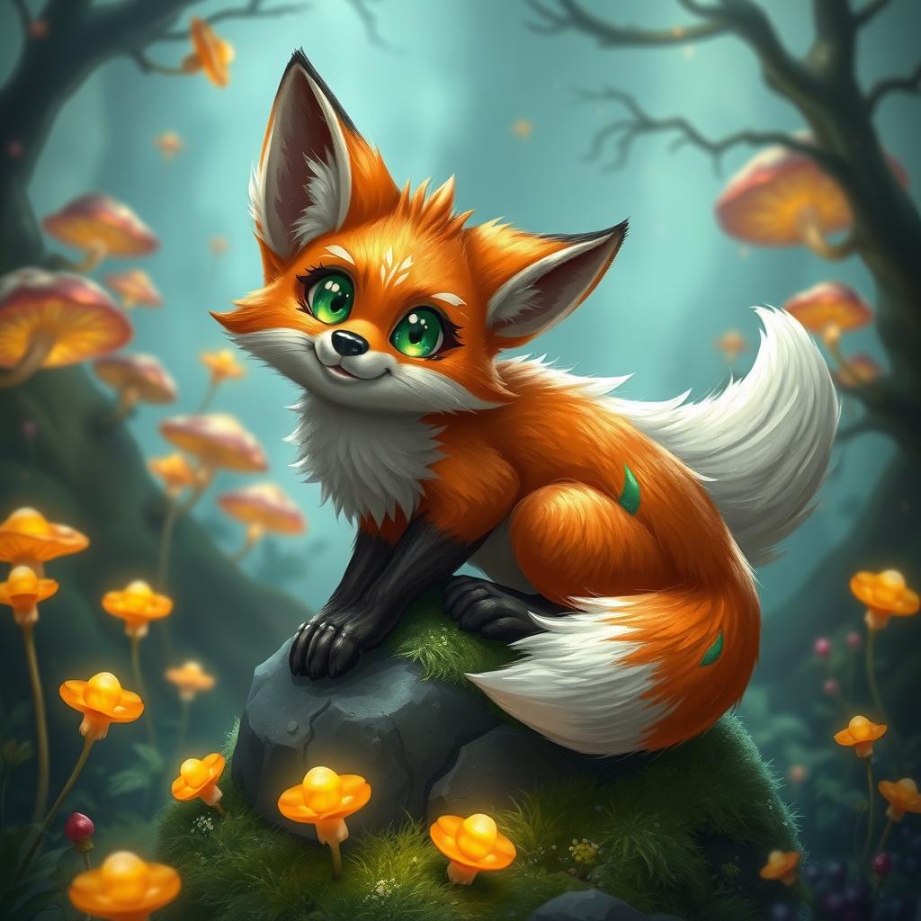 A fantastical Dungeons and Dragons-style fox, portrayed as a cunning and clever creature with vibrant orange and white fur, adorned with shimmering magical markings