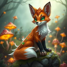 A fantastical Dungeons and Dragons-style fox, portrayed as a cunning and clever creature with vibrant orange and white fur, adorned with shimmering magical markings