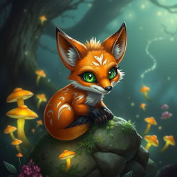 A fantastical Dungeons and Dragons-style fox, portrayed as a cunning and clever creature with vibrant orange and white fur, adorned with shimmering magical markings