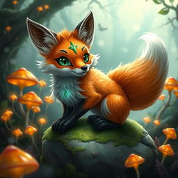 A fantastical Dungeons and Dragons-style fox, portrayed as a cunning and clever creature with vibrant orange and white fur, adorned with shimmering magical markings