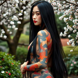 A stunning Japanese lady with long, silky black hair flowing elegantly down her back