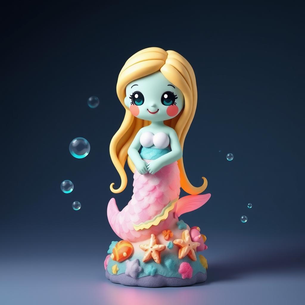 A pixelated statue of a friendly and whimsical mermaid, designed with a cute and playful aesthetic