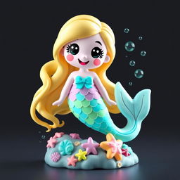 A pixelated statue of a friendly and whimsical mermaid, designed with a cute and playful aesthetic