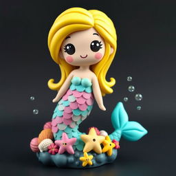 A pixelated statue of a friendly and whimsical mermaid, designed with a cute and playful aesthetic