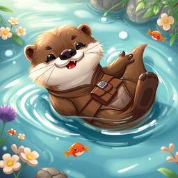 A charming Dungeons and Dragons-style otter, illustrated as an adventurous and playful creature with soft, glossy fur glimmering under the sunlight