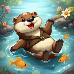 A charming Dungeons and Dragons-style otter, illustrated as an adventurous and playful creature with soft, glossy fur glimmering under the sunlight