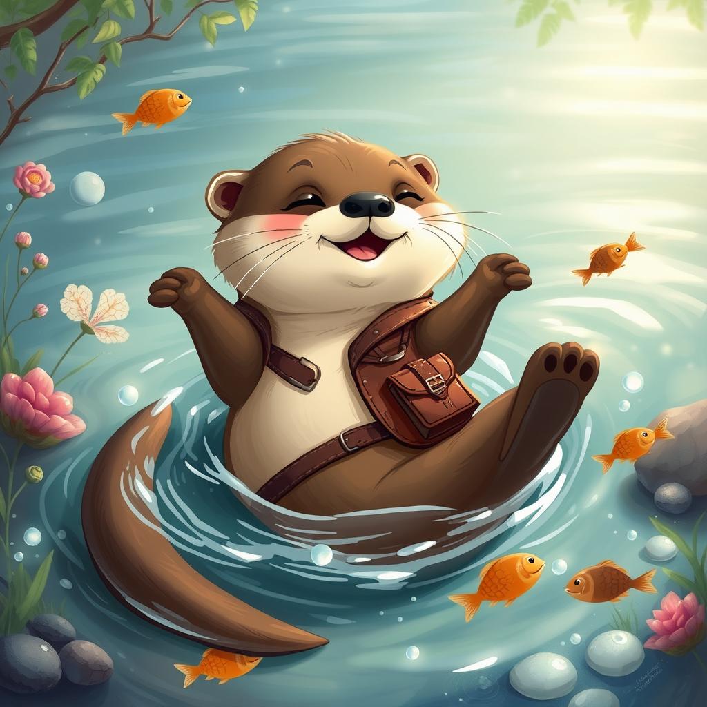 A charming Dungeons and Dragons-style otter, illustrated as an adventurous and playful creature with soft, glossy fur glimmering under the sunlight