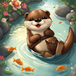 A charming Dungeons and Dragons-style otter, illustrated as an adventurous and playful creature with soft, glossy fur glimmering under the sunlight