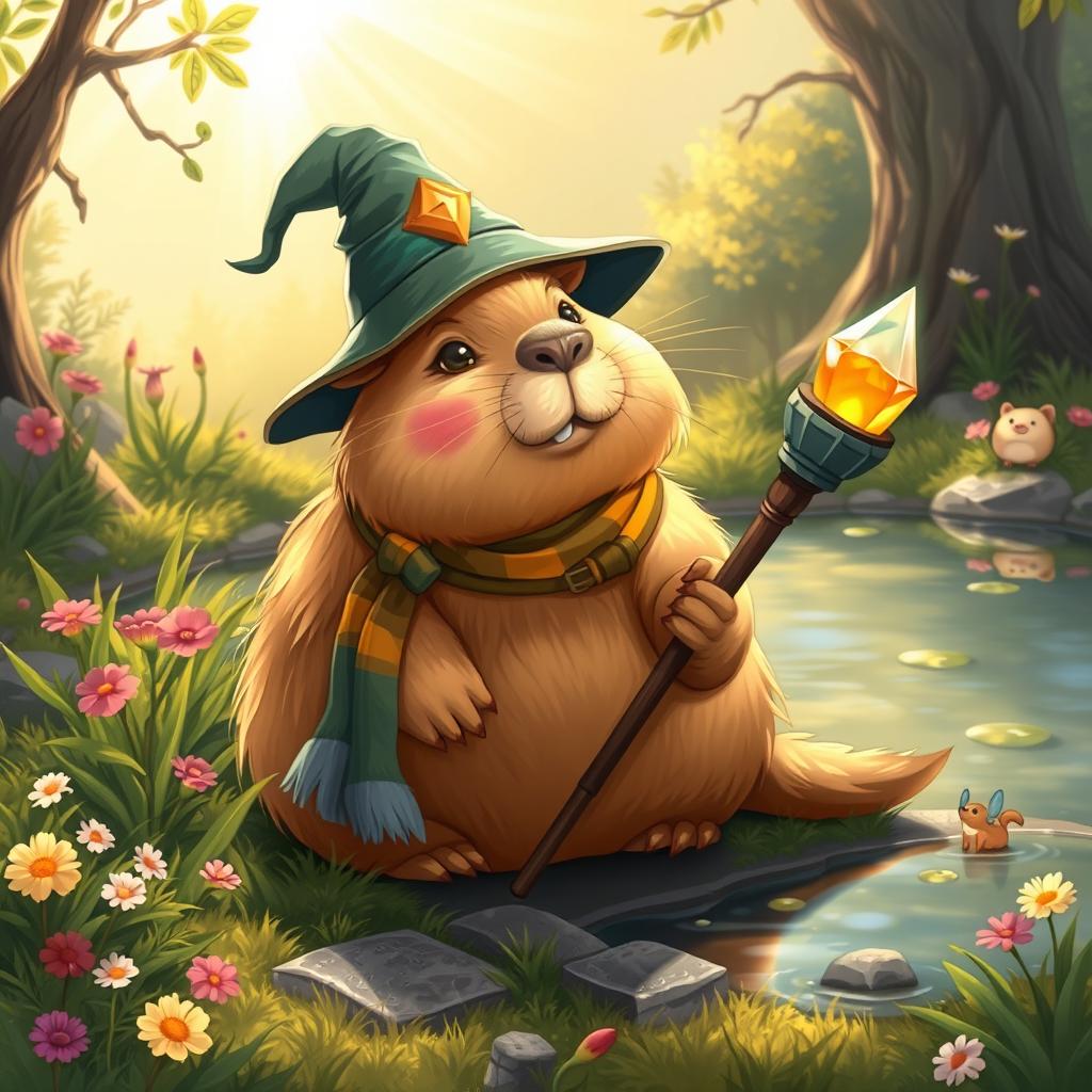 A whimsical Dungeons and Dragons-style capybara, illustrated as a friendly and adventurous creature with soft, golden-brown fur glistening in the sunlight