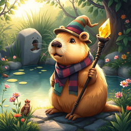 A whimsical Dungeons and Dragons-style capybara, illustrated as a friendly and adventurous creature with soft, golden-brown fur glistening in the sunlight