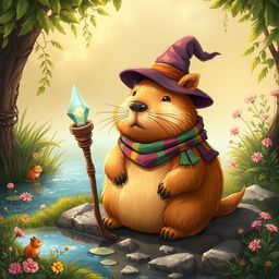 A whimsical Dungeons and Dragons-style capybara, illustrated as a friendly and adventurous creature with soft, golden-brown fur glistening in the sunlight