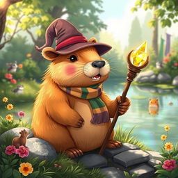 A whimsical Dungeons and Dragons-style capybara, illustrated as a friendly and adventurous creature with soft, golden-brown fur glistening in the sunlight