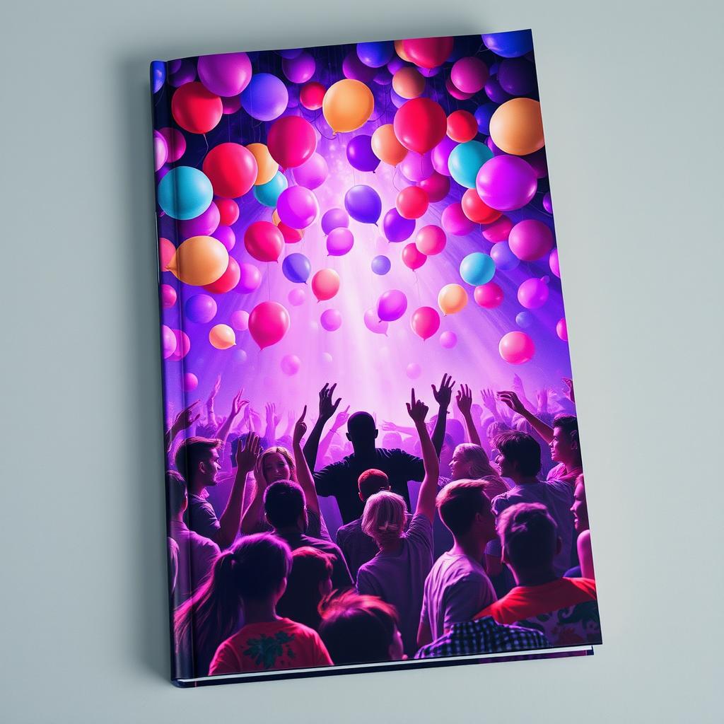 A vibrant book cover depicting a lively party scene filled with colorful balloons and glowing purple lights