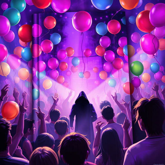 A vibrant book cover depicting a lively party scene filled with colorful balloons and glowing purple lights