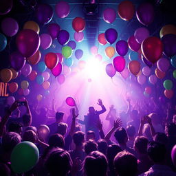 A vibrant book cover depicting a lively party scene filled with colorful balloons and glowing purple lights