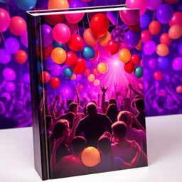 A vibrant book cover depicting a lively party scene filled with colorful balloons and glowing purple lights