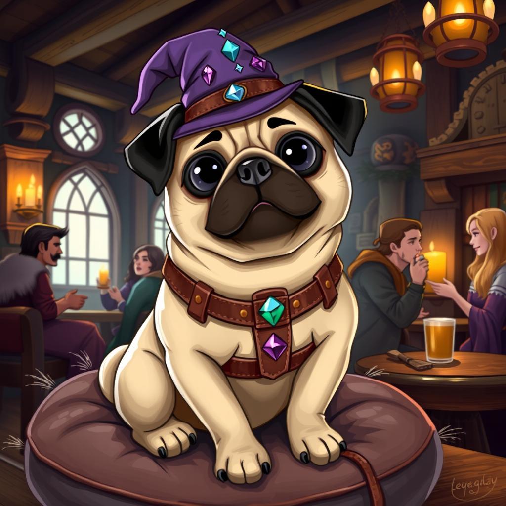 A delightful Dungeons and Dragons-style pug, illustrated as a stout and quirky creature with a shiny fawn-colored coat and big, expressive black eyes