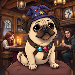 A delightful Dungeons and Dragons-style pug, illustrated as a stout and quirky creature with a shiny fawn-colored coat and big, expressive black eyes