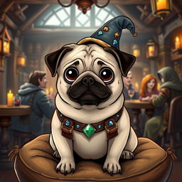 A delightful Dungeons and Dragons-style pug, illustrated as a stout and quirky creature with a shiny fawn-colored coat and big, expressive black eyes