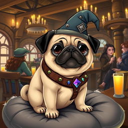 A delightful Dungeons and Dragons-style pug, illustrated as a stout and quirky creature with a shiny fawn-colored coat and big, expressive black eyes