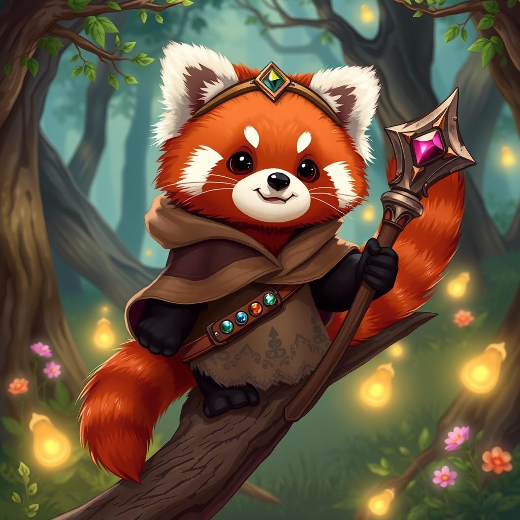 A delightful Dungeons and Dragons-style red panda, illustrated as an adorable and mischievous creature with soft, vibrant red-brown fur and fluffy white markings on its face