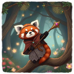 A delightful Dungeons and Dragons-style red panda, illustrated as an adorable and mischievous creature with soft, vibrant red-brown fur and fluffy white markings on its face