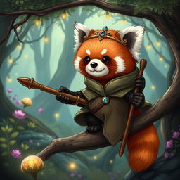 A delightful Dungeons and Dragons-style red panda, illustrated as an adorable and mischievous creature with soft, vibrant red-brown fur and fluffy white markings on its face