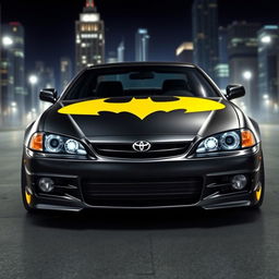 A stylized Toyota Altezza car decorated with a Batman theme, featuring a matte black finish with glossy yellow accents simulating the Batman logo on the hood