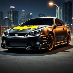 A stylized Toyota Altezza car decorated with a Batman theme, featuring a matte black finish with glossy yellow accents simulating the Batman logo on the hood