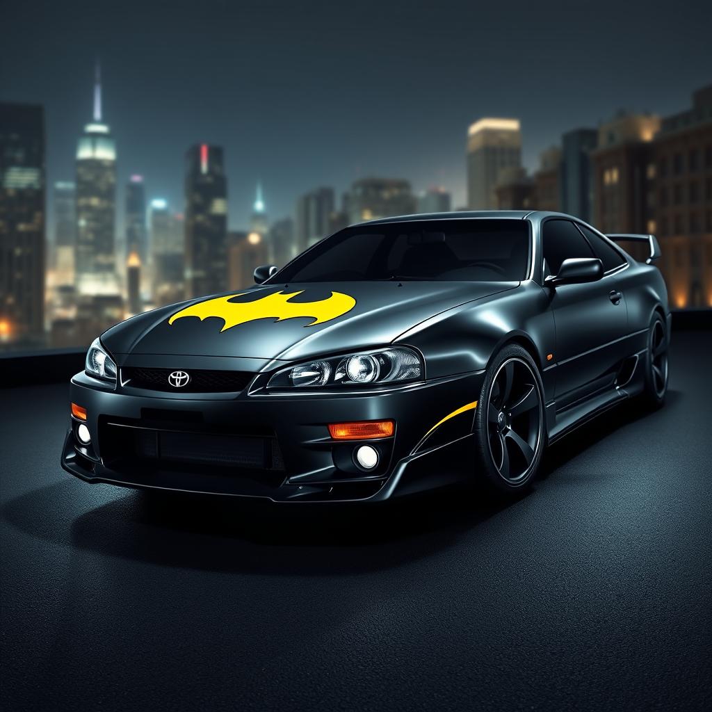 A stylized Toyota Altezza car decorated with a Batman theme, featuring a matte black finish with glossy yellow accents simulating the Batman logo on the hood