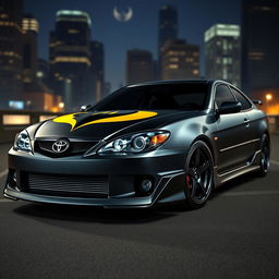 A stylized Toyota Altezza car decorated with a Batman theme, featuring a matte black finish with glossy yellow accents simulating the Batman logo on the hood