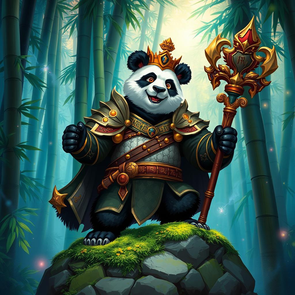 A magnificent Dungeons and Dragons-style panda, illustrated as a powerful and wise creature with striking black and white fur and expressive eyes