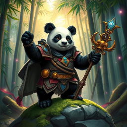 A magnificent Dungeons and Dragons-style panda, illustrated as a powerful and wise creature with striking black and white fur and expressive eyes