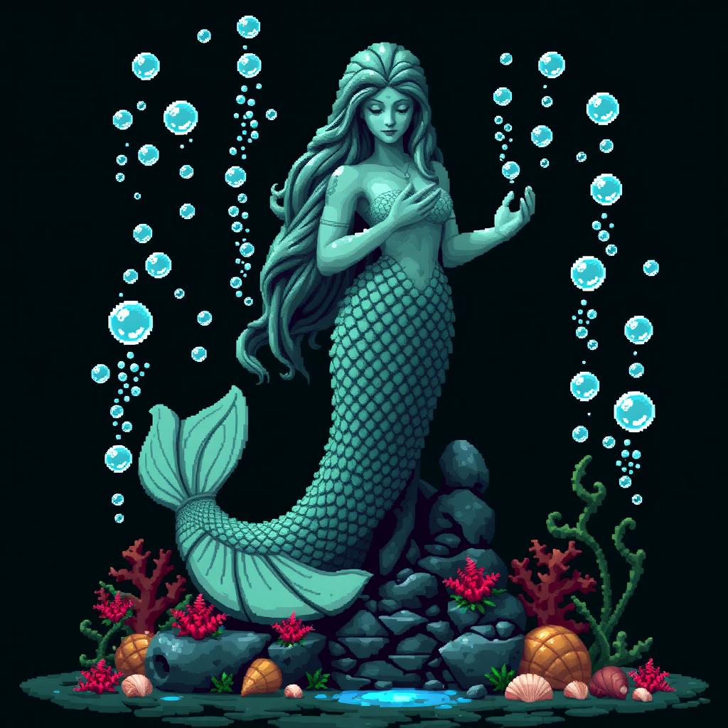 A pixelated statue of an ancient, mystical mermaid for a temple setting