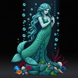 A pixelated statue of an ancient, mystical mermaid for a temple setting