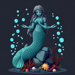 A pixelated statue of an ancient, mystical mermaid for a temple setting