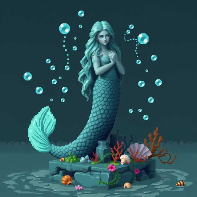 A pixelated statue of an ancient, mystical mermaid for a temple setting