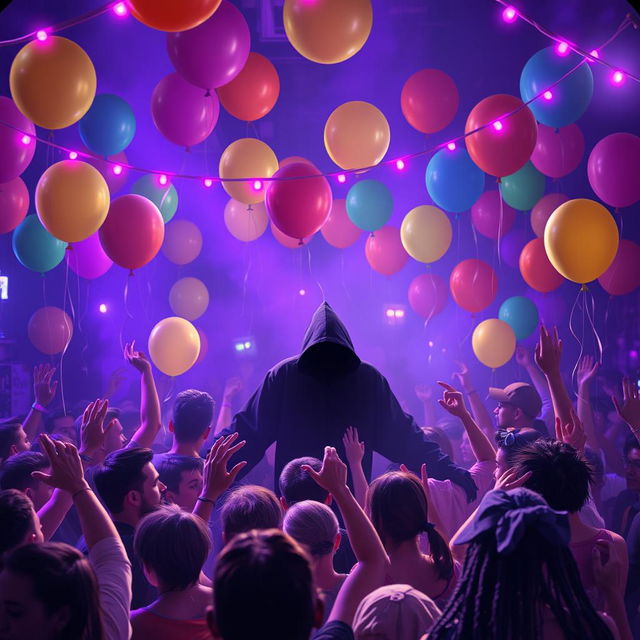 A lively book cover depicting a festive party scene filled with colorful balloons and cheerful purple lights