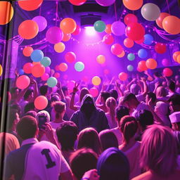 A lively book cover depicting a festive party scene filled with colorful balloons and cheerful purple lights