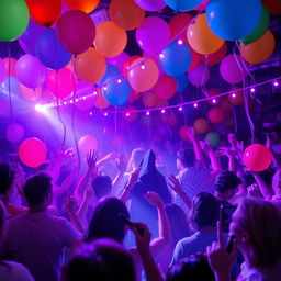 A lively book cover depicting a festive party scene filled with colorful balloons and cheerful purple lights