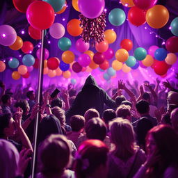 A lively book cover depicting a festive party scene filled with colorful balloons and cheerful purple lights