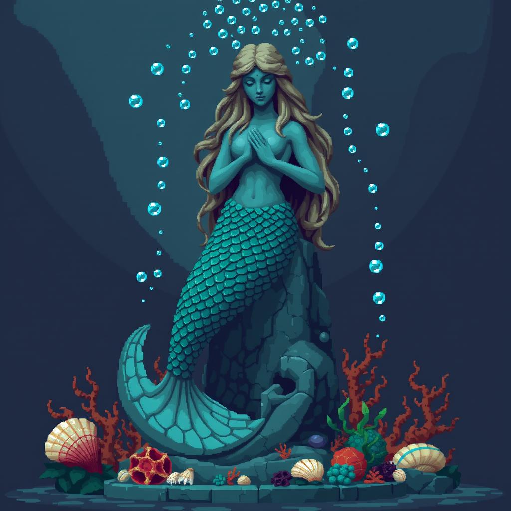 A pixelated statue of an ancient, mystical mermaid for a temple setting